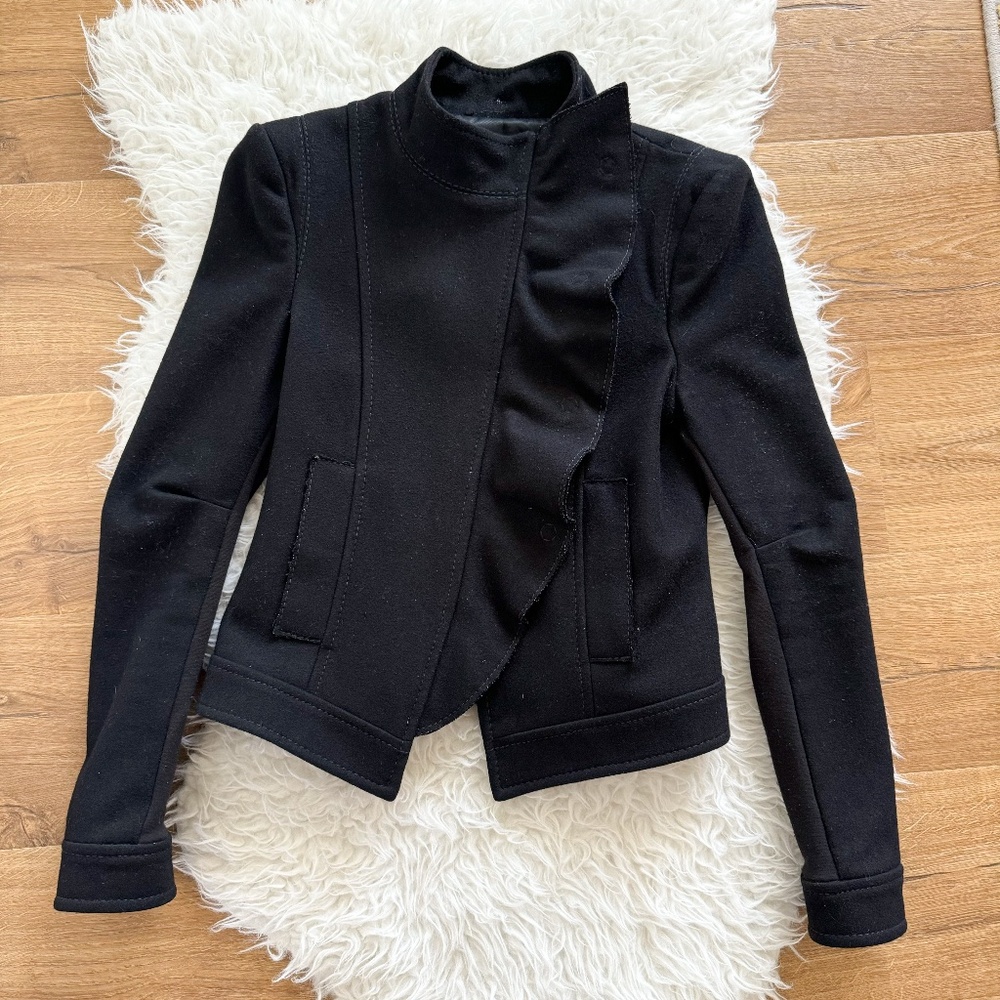 BCBGMaxAzria Wool Cashmere Blend Ruffle Front Coat - Black | Size S